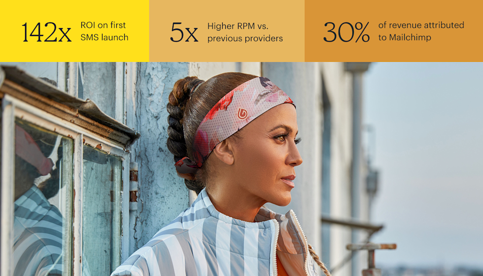 Actress Nicole Ari Parker stands outdoors beside a weathered building, looking thoughtfully into the distance. A cityscape is softly blurred in the background. She wears a pink patterned Gymwrap headband, her hair styled in a braided updo. Stats on top are: 142x ROI on first SMS launch, 5x higher RPM vs. previous providers, and 30% of revenue attributed to Mailchimp.