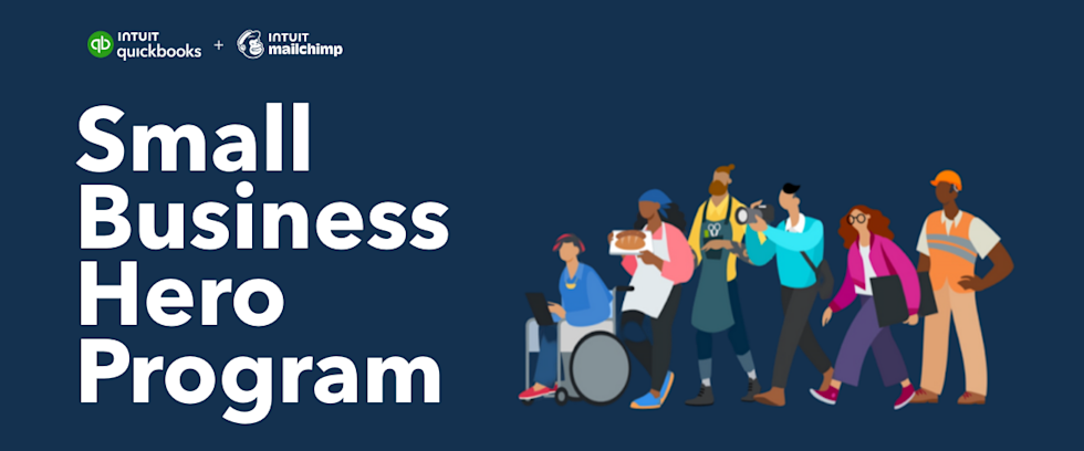 Diverse group of illustrated small business workers standing together with QuickBooks and Mailchimp logos above