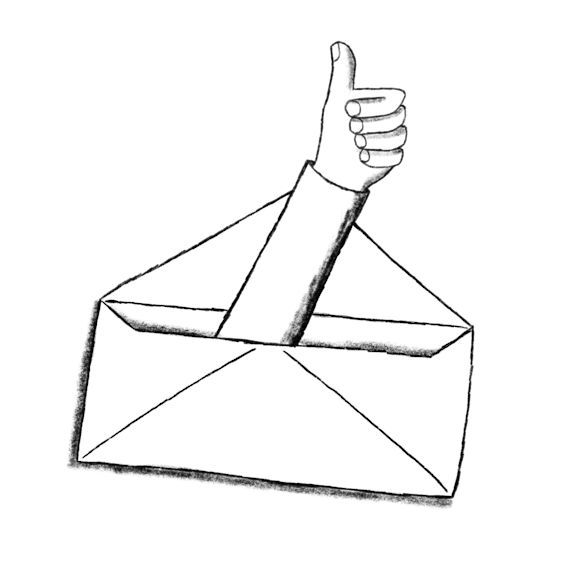 Envelope with a hand giving a ‘thumbs up’