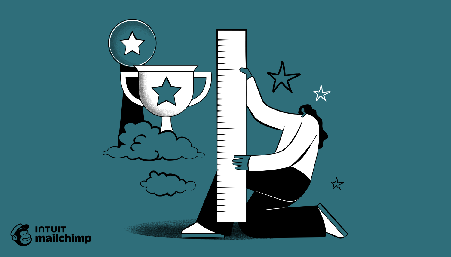 Illustration of person measuring growth with ruler while reaching for stars, with trophy and clouds against teal background
