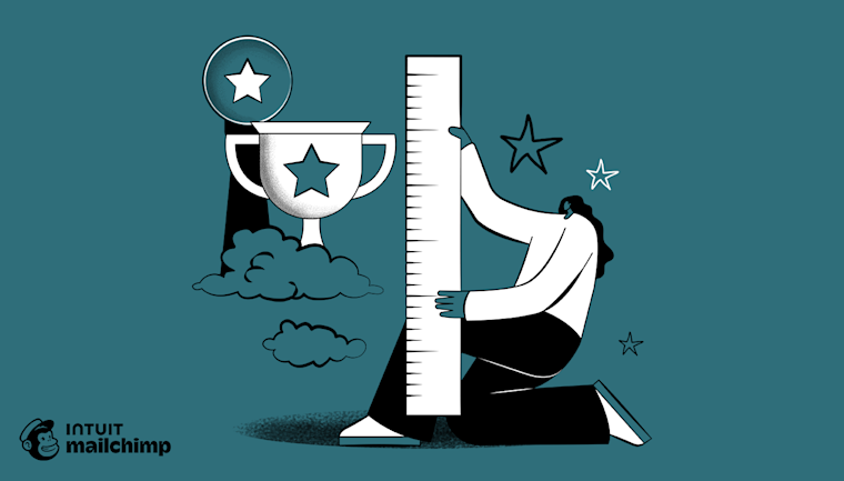 Illustration of person measuring growth with ruler while reaching for stars, with trophy and clouds against teal background