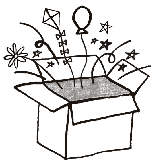 Cardboard box opening with balloons, flowers, kites, and stars
