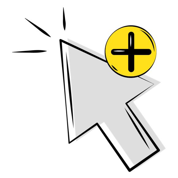 custom cursor - White computer cursor arrow pointing at a yellow circular button with a plus sign icon