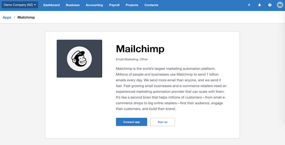 Image showing the connection process for Xero for Mailchimp