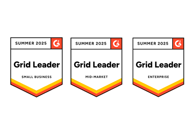 Three G2 Grid Leader badges for Summer 2023, showing awards in Small Business, Mid-Market, and Enterprise categories with red and yellow accents
