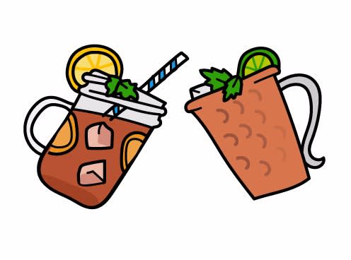 Cartoon illustration of two iced tea drinks with straws, lemon slices, and mint leaves in brown cups