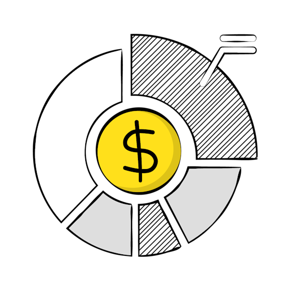 marketing budgets - Pie chart diagram with striped gray sections and a bright yellow dollar sign segment in the center