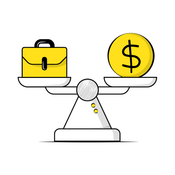 find your balance - Balance scale with yellow briefcase on one side and gold dollar coin on other