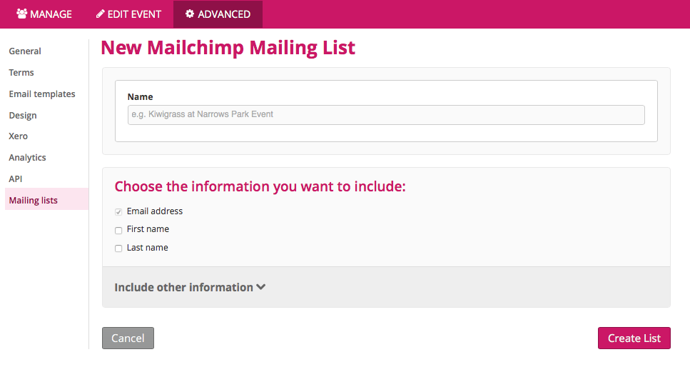 Image of option to Name New Mailchimp Mailing list