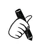 Hand holding a black marker or pen in a simple black and white illustration style