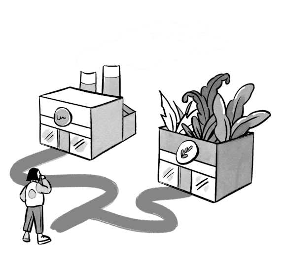 Small figure looking up at two large storage boxes, one containing bottles and another with decorative plants inside