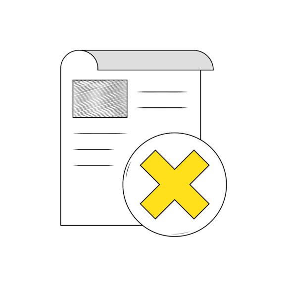  email confirmation mistakes - Document icon with yellow X symbol in circle