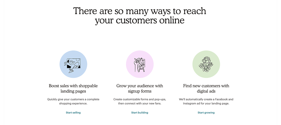 Screenshot of webpage section with one centered headline and three subitems, each with icon on circular color background, headline, subhead sentence, and call-to-action text.
