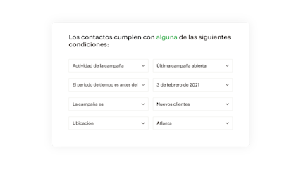 Personalización del correo electrónico que muestra la capacidad de filtrar contactos haciendo coincidir las condiciones con la actividad de la campaña, el periodo, la ubicación y más