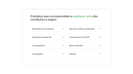 Personalização de e-mail mostrando a capacidade de filtrar contatos combinando condições com atividade da campanha, período, localização e outros