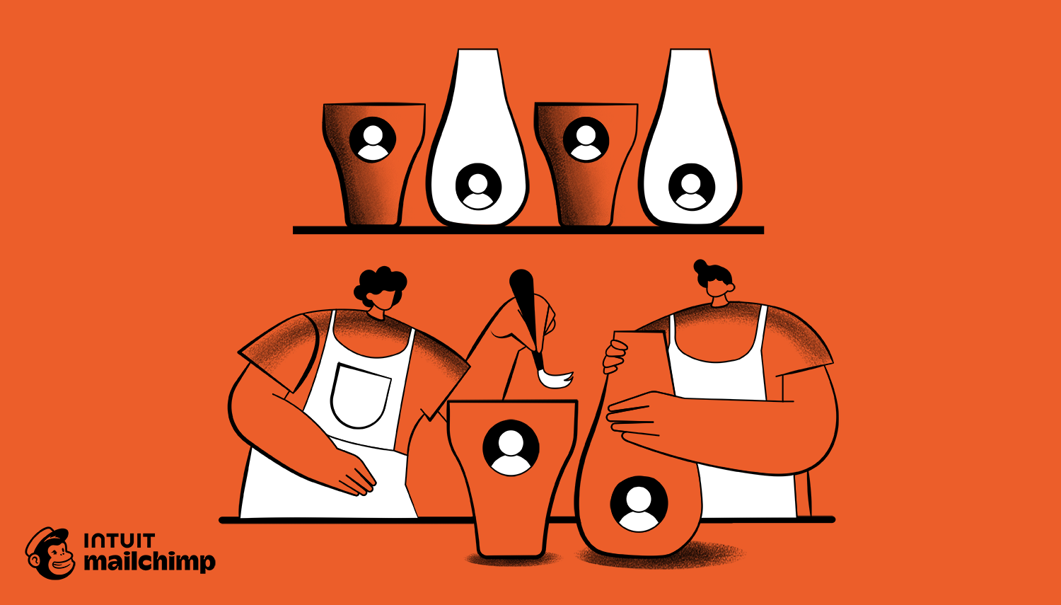 Illustration of baristas preparing drinks, with user profile icons on cups and vases against an orange background, in minimalist style