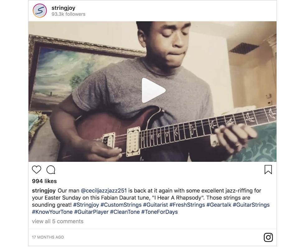An Instagram post from Stringjoy featuring a person playing guitar