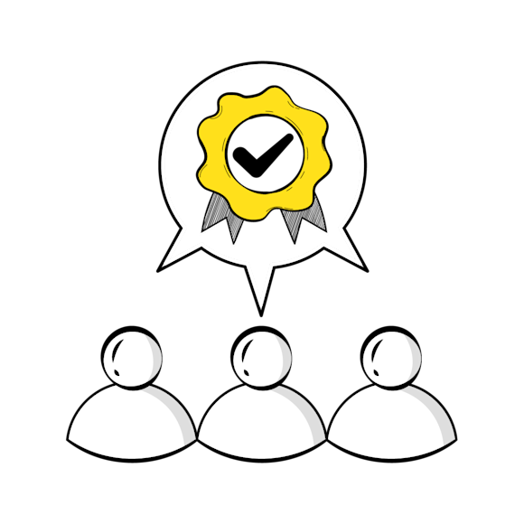 brand recognition - Simple line drawing showing three user icons below a large yellow ribbon with a checkmark inside it