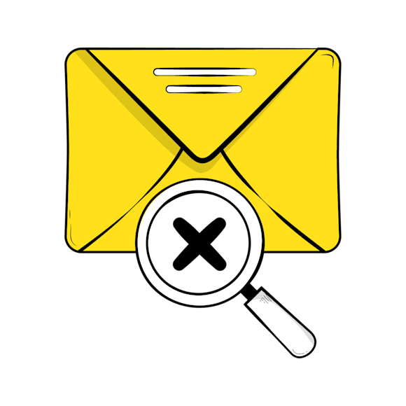 struggling with email readability concept - Yellow envelope icon with magnifying glass showing X symbol, indicating email search or deletion function