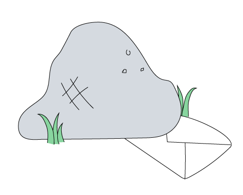 A simple drawing of a gray rock or boulder with grass tufts at its base and an envelope beside it