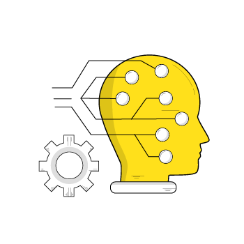 strong strategy - yellow head silhouette with white dots connected by lines, with gear icons