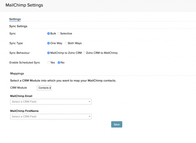 Image of Mailchimp settings in Zoho CRM 