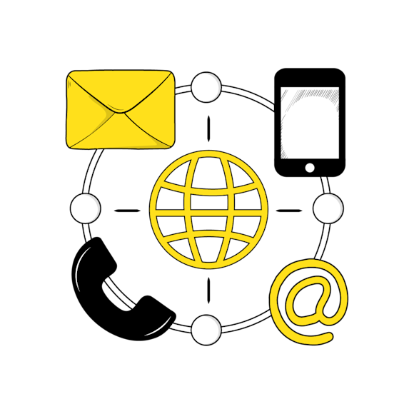 Circular diagram showing communication icons: yellow envelope, black phone, globe symbol, smartphone and @ symbol connected by lines