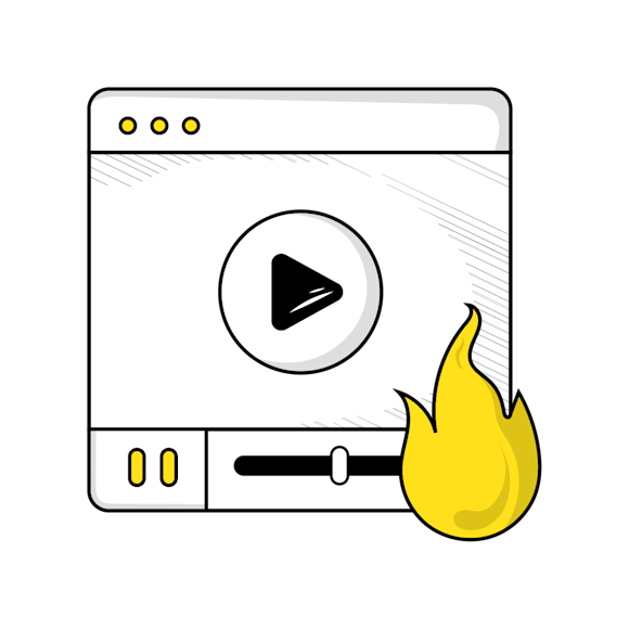 viral marketing content concept - line drawing of a video player interface with play button, progress bar, and yellow flame icon in corner