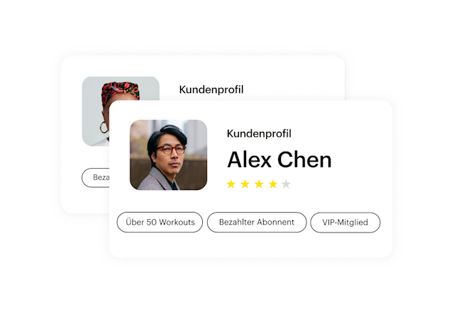 Eine Kundenprofilkarte von Mailchimp, die den Namen und wichtige Segmente wie „Kostenpflichtiger Abonnent“ und „VIP-Mitglied“ anzeigt.