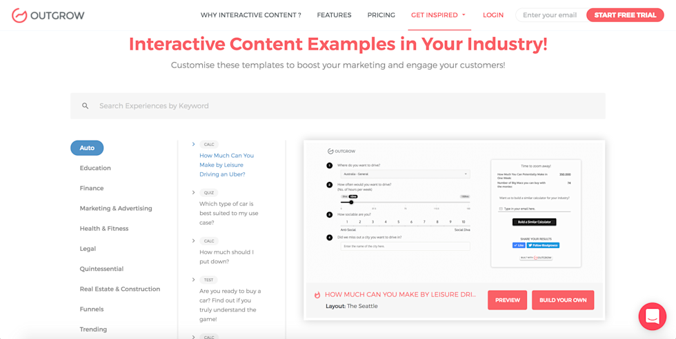 Screenshot of Outgrow's personalized & highly converting calculators, quizzes, recommendations, chatbots, & polls.