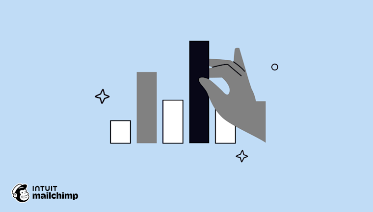 A minimalist illustration of a bar graph with ascending columns in white, gray, and black, with a gray hand adjusting the tallest bar
