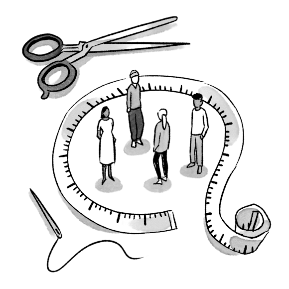 Customers standing next to a measuring tape and scissors