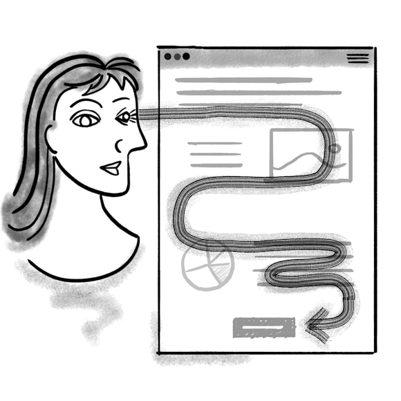 Woman viewing webpage with eye tracking being visualized