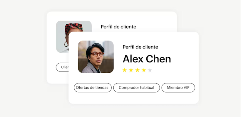 Ejemplo de un perfil de cliente con nombre, calificación y etiquetas