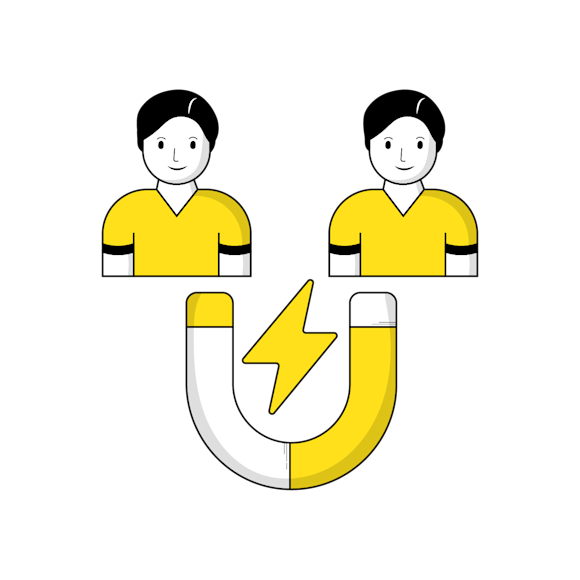 Two identical cartoon figures in yellow shirts above a horseshoe magnet with lightning bolt, illustrated in yellow and white