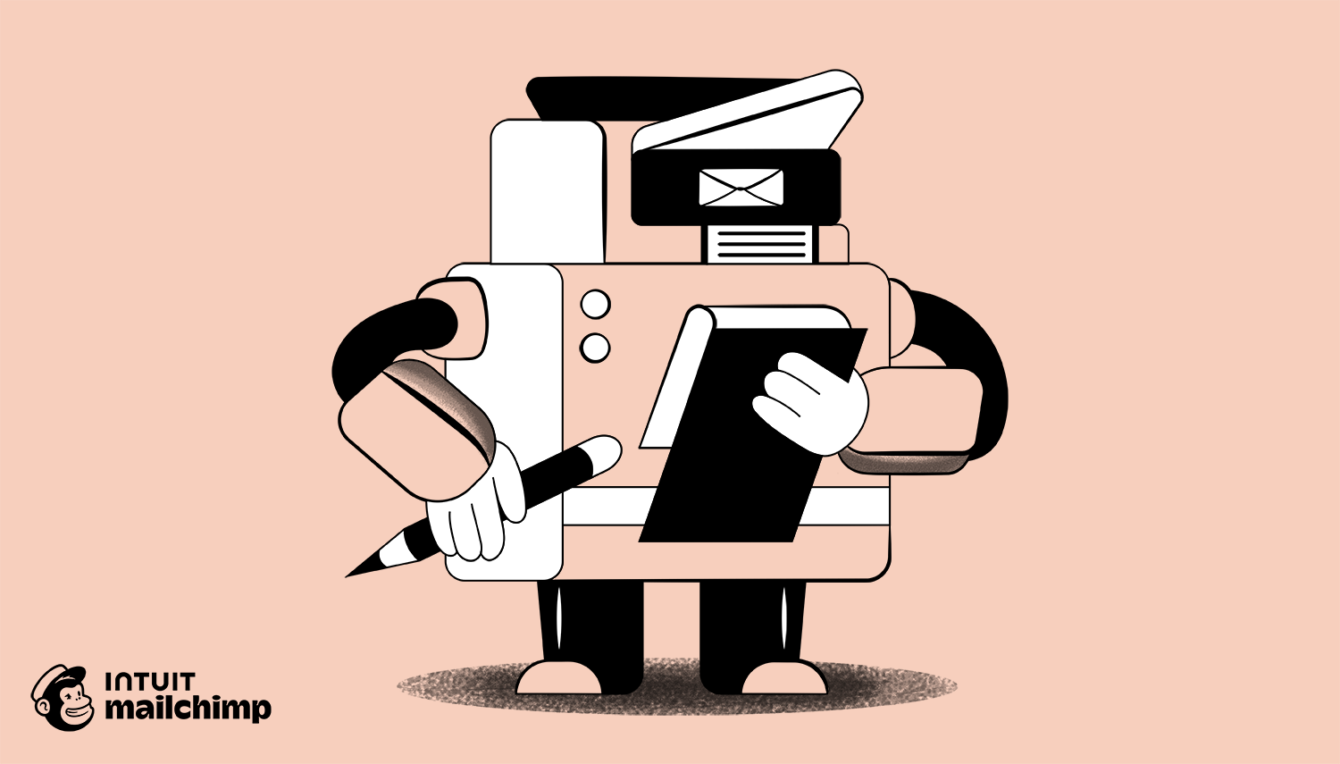 Cartoon character with rectangular body holding pen and notebook, with email icon and books stacked on top, against pink background