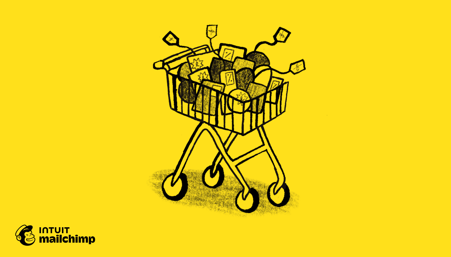 Black line drawing of a shopping cart filled with price-tagged items against a bright yellow background