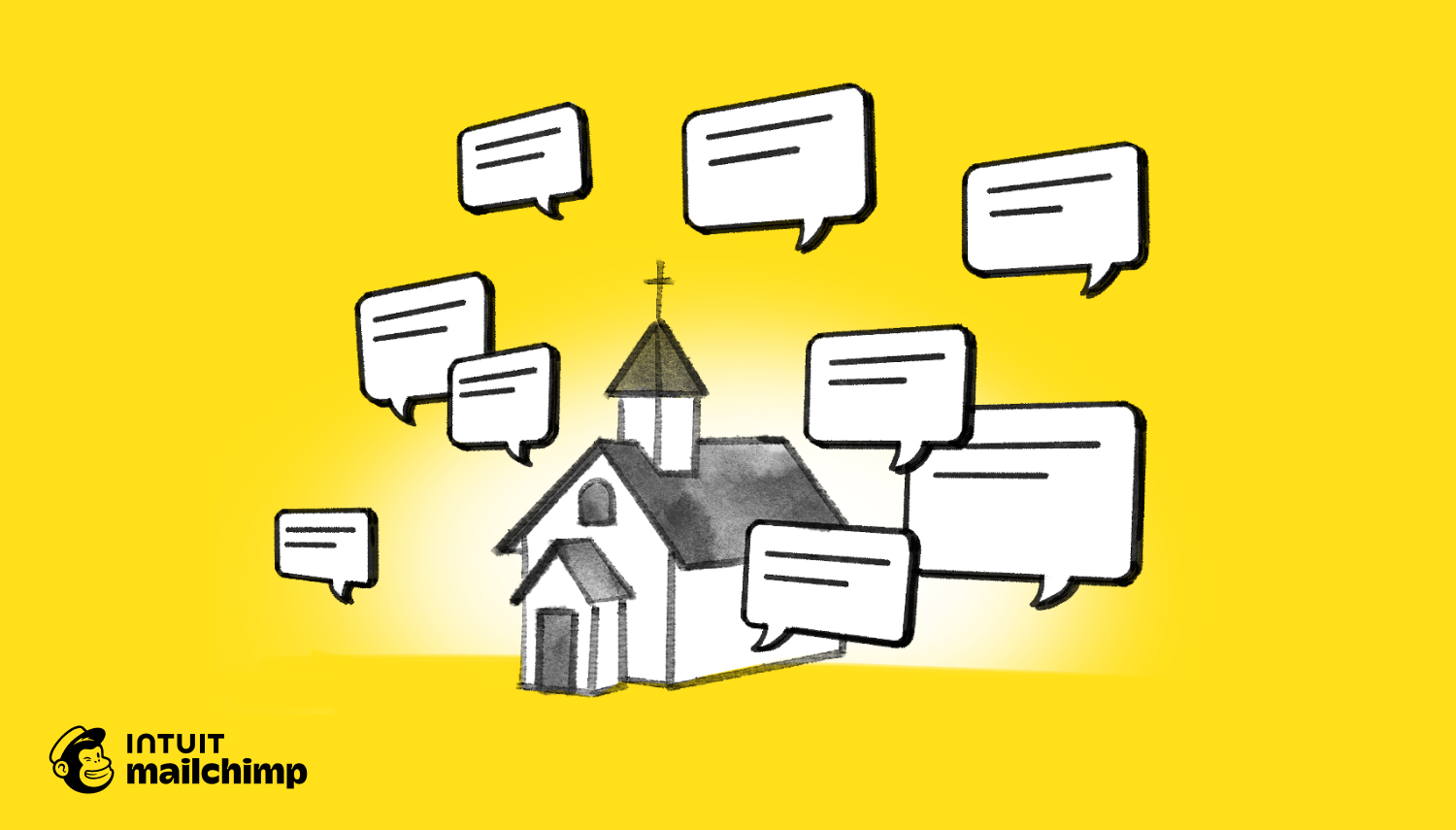Small white church building surrounded by floating speech bubbles on yellow background, with Mailchimp logo below
