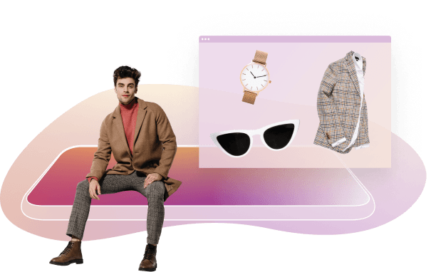 Image of a person  sitting on a cartoon platform with a watch sunglasses and a jacket in a box