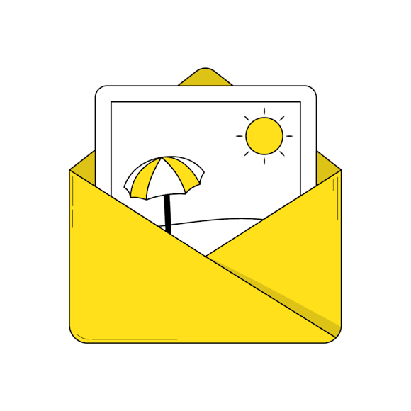 Yellow envelope containing a beach scene drawing with striped umbrella and sun, illustrated in simple line art style