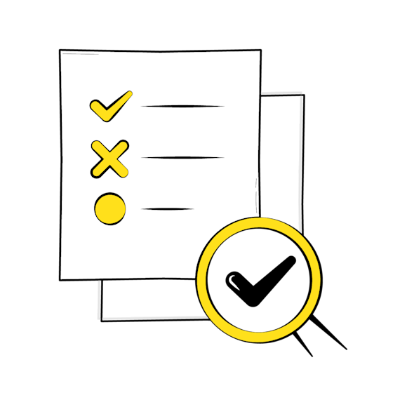 A checklist with yellow checkmark, X, and dot symbols, alongside a magnifying glass with checkmark icon in yellow and black