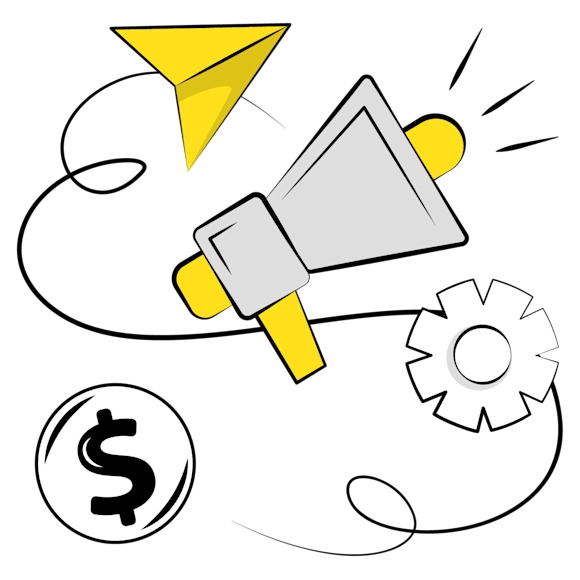 small business marketing - Stylized illustration of a megaphone with yellow accents, connected to a gear wheel and dollar sign symbol