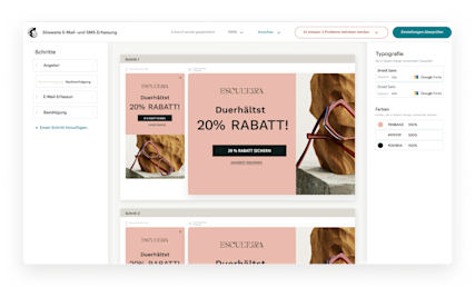 Ein Screenshot der Mailchimp App, der den Formular-Builder zeigt – mit mehreren Optionen für verschiedene Schriftarten, die Customer Journey und die benutzerfreundlichen Design-Tools.