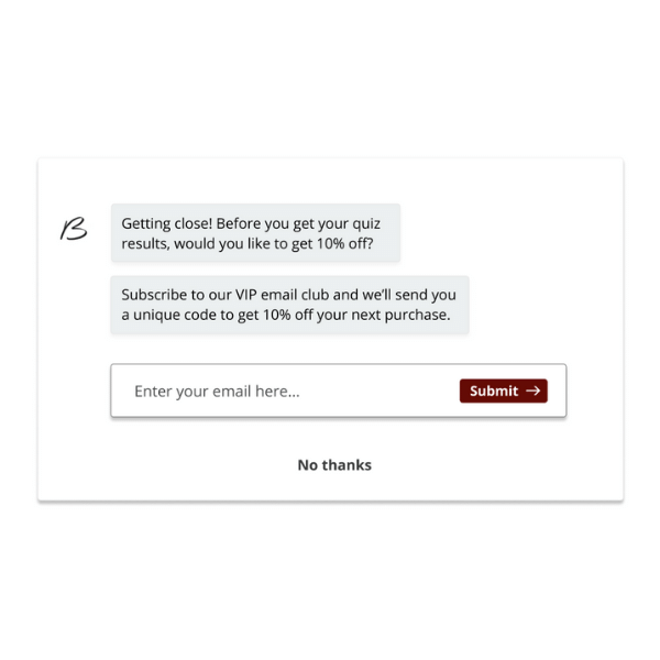 Image of option to enter your email to get quiz results and 10% off.
