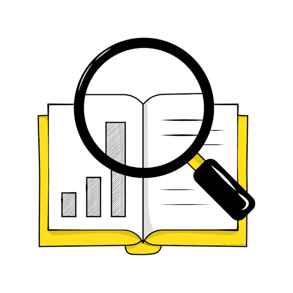 collect real data for case studies concept - Open book with bar graph showing increasing trend viewed through magnifying glass, drawn in black and yellow line art style
