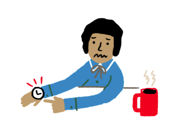 Person in blue shirt checking their watch while a red coffee mug sits on the desk nearby