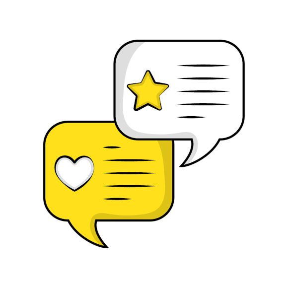 grain customer trust - Yellow speech bubble icon with a heart cutout and star symbol, designed in a simple cartoon style with gray shading