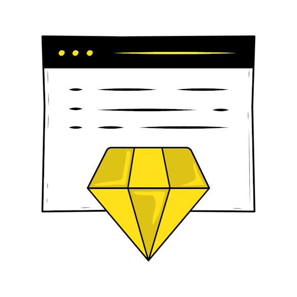 create quality content - A minimalist illustration of a yellow geometric diamond shape below black text lines against a white background