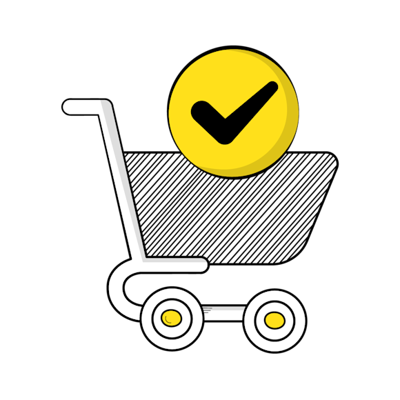 Shopping cart icon with yellow checkmark symbol above, indicating successful or confirmed purchase
