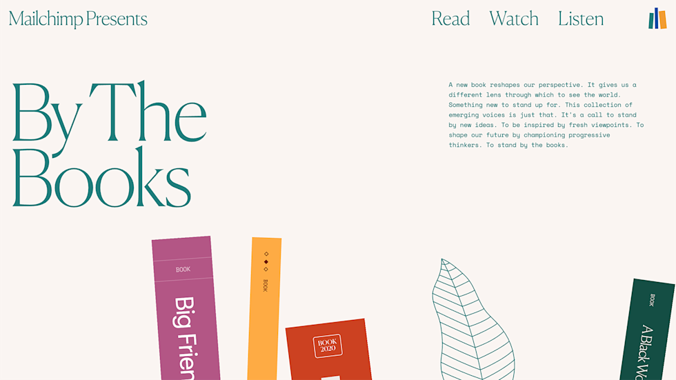 Screenshot of webpage section with menu items along top, headline in top left corner, supporting copy in top right corner, illustrative elements along bottom, and ample negative space between.